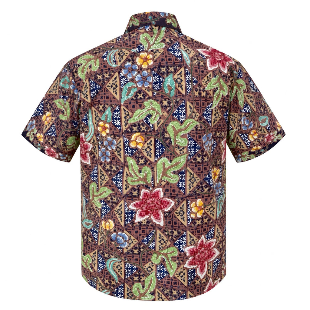 (SSPC-FL-NBR) Short Sleeve Pointed Collar Navy Brown Flower Batik Shirt
