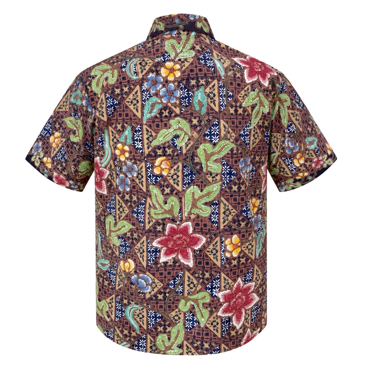 (SSPC-FL-NBR) Short Sleeve Pointed Collar Navy Brown Flower Batik Shirt