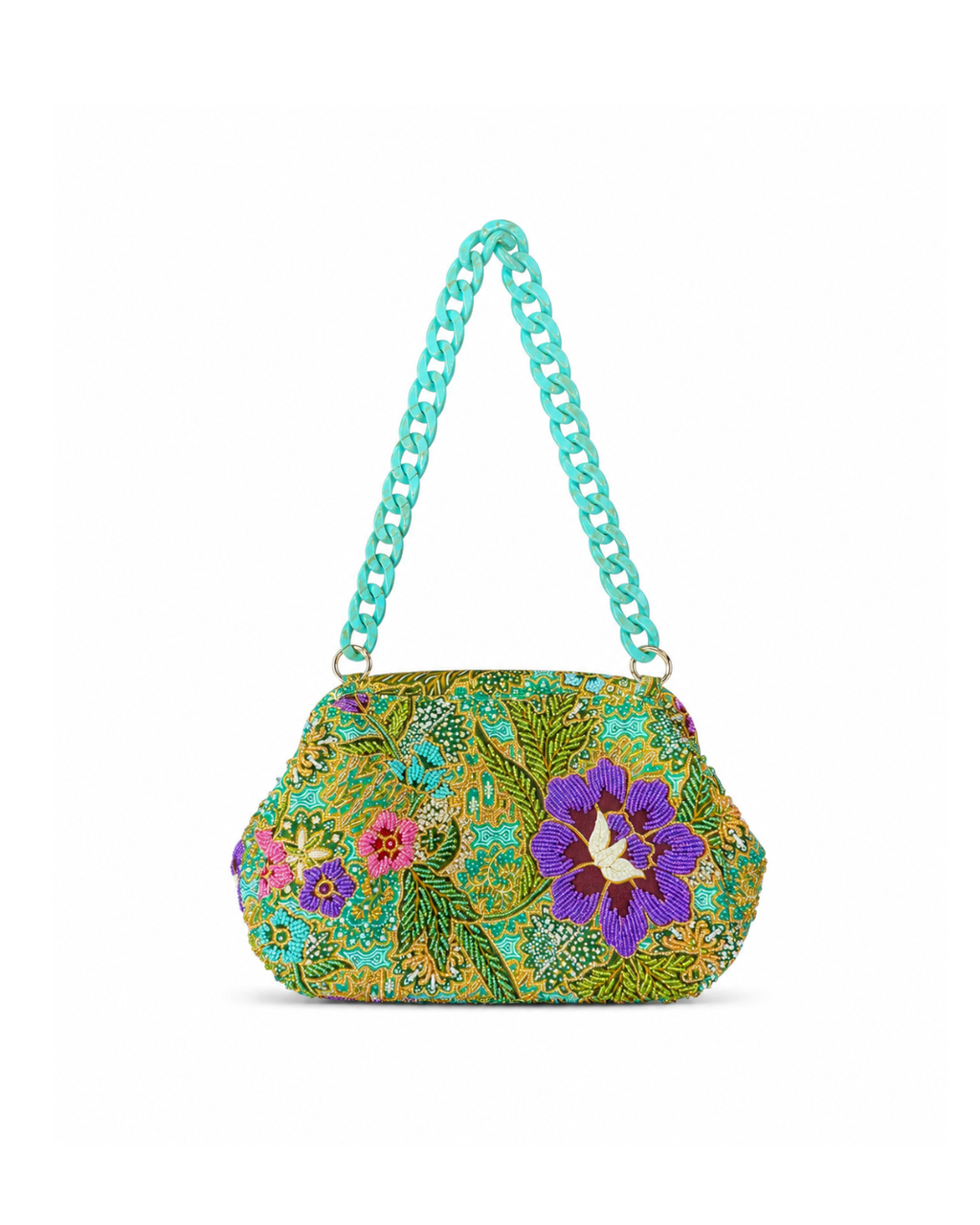 (SHBSRDB-TUR-PFTUR) Turquoise Small Round Doctor Bag Turquoise Peony Flower