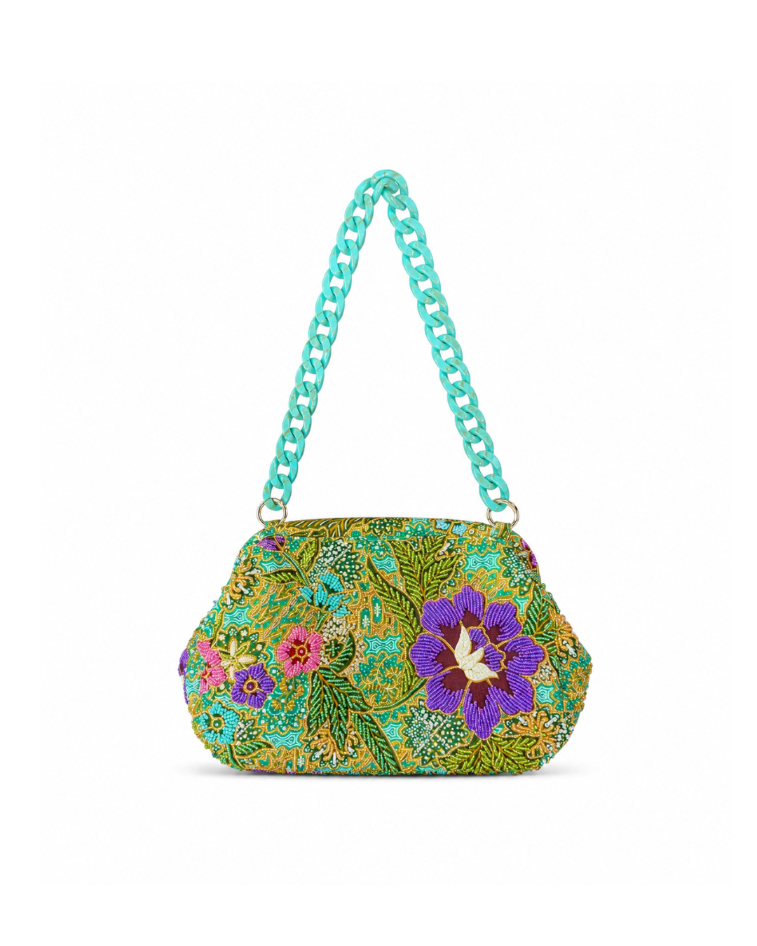 (SHBSRDB-TUR-PFTUR) Turquoise Small Round Doctor Bag Turquoise Peony Flower