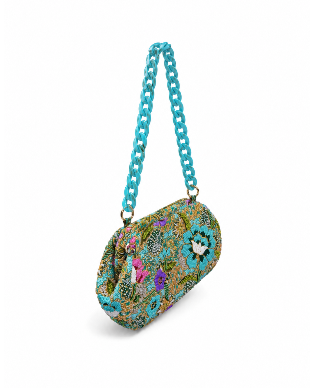 (SHBSRDB-TUR-PFTUR) Turquoise Small Round Doctor Bag Turquoise Peony Flower