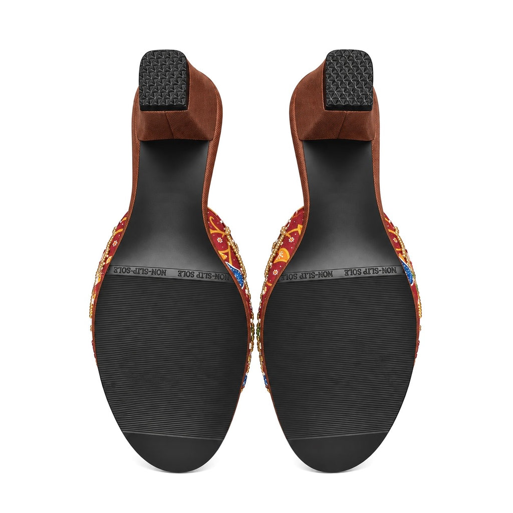 (HBRN-ORRED) Brown Heels - Red Beaded Orchid