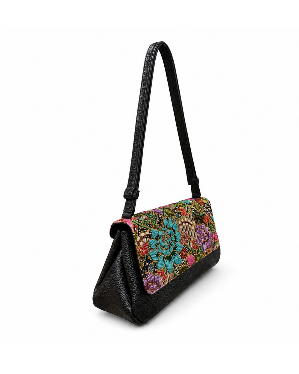 (CBLGB-PFTURPUR-BLK) Turquoise Purple Peony Flower Black Leather Gusset Shoulder & Crossbody Bag