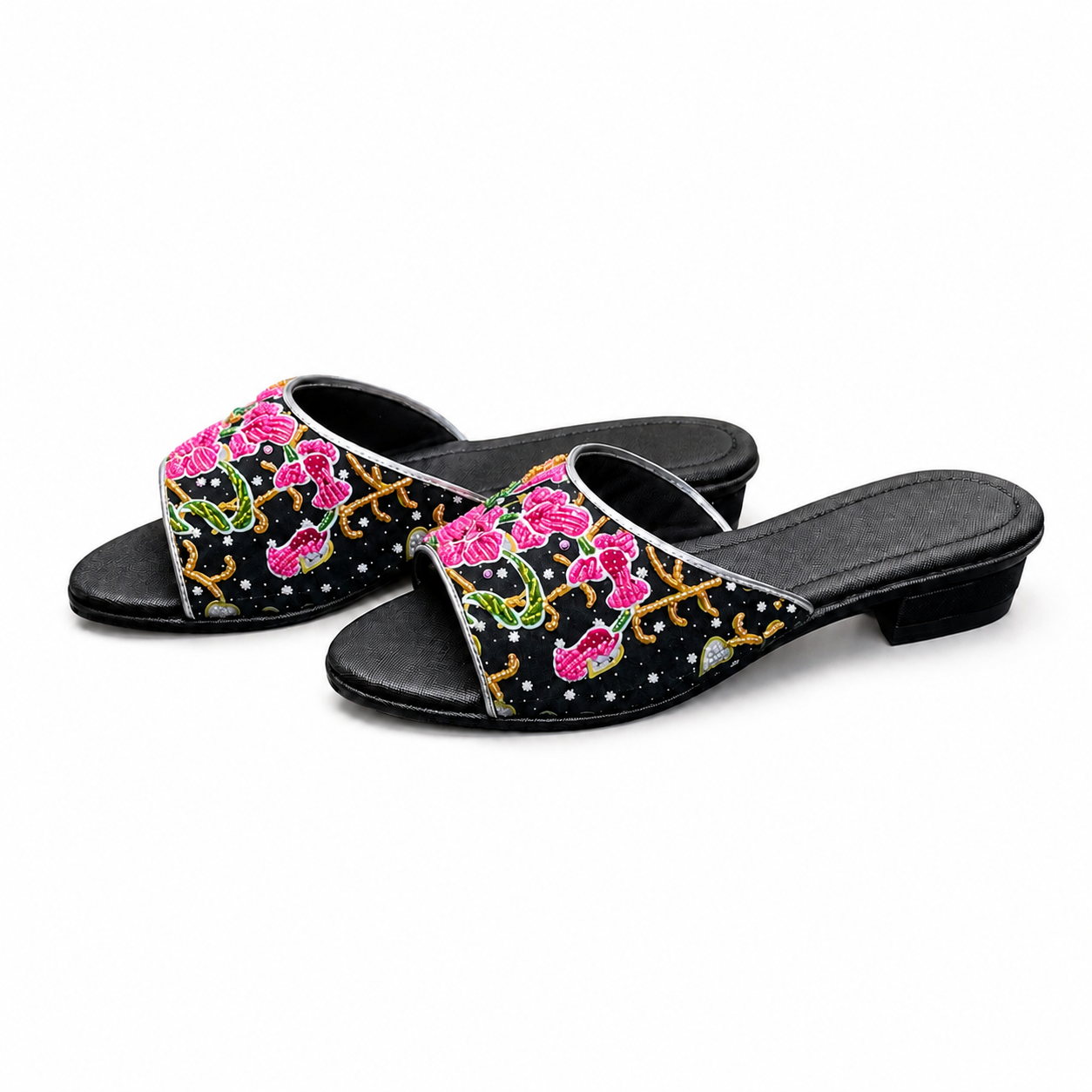 (FBLK-ORPNK) Black Flats - Pink Beaded Orchid