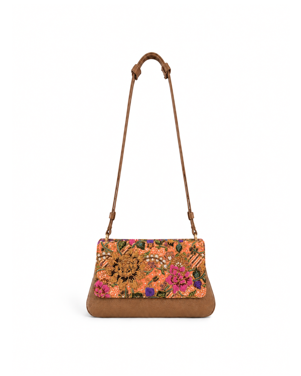 (CBLGB-PFYLWPNK-BEIPCH) Yellow Pink Peony Flower Beige Peach Leather Gusset Shoulder & Crossbody Bag