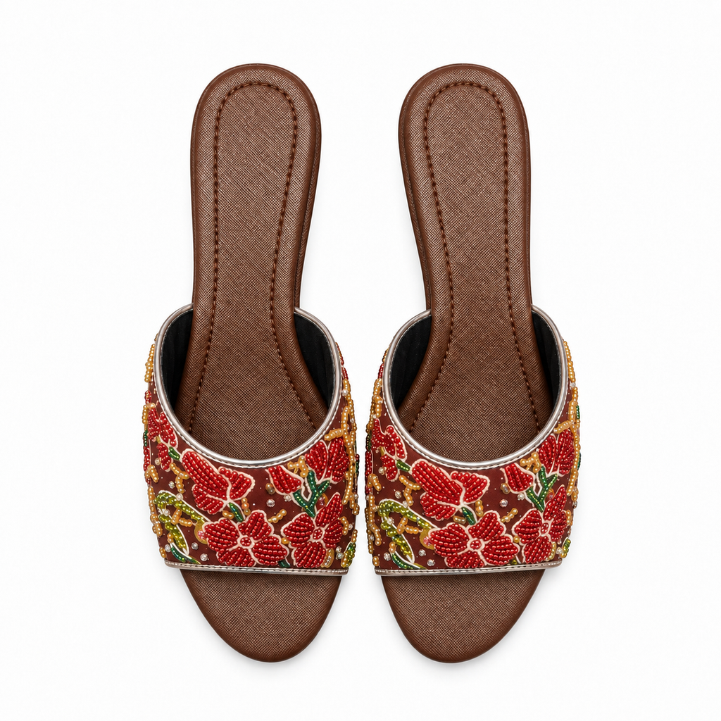 (HBRN-ORRED) Brown Heels - Red Beaded Orchid