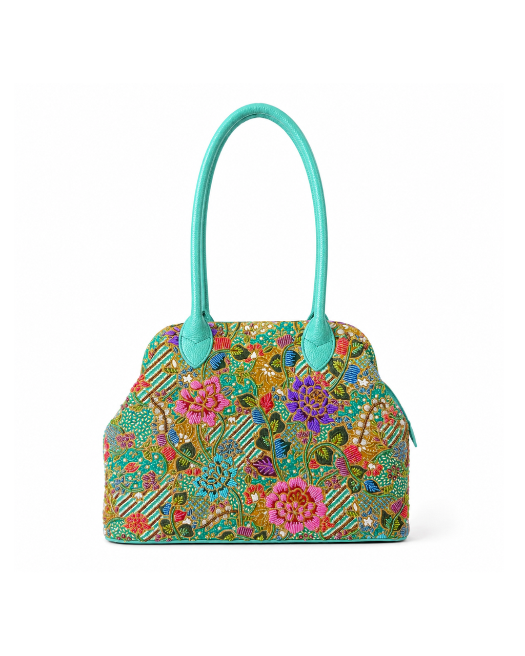 (SHBLDB-TUR-PF) Turquoise Leather Doctor Bag Peony Flower