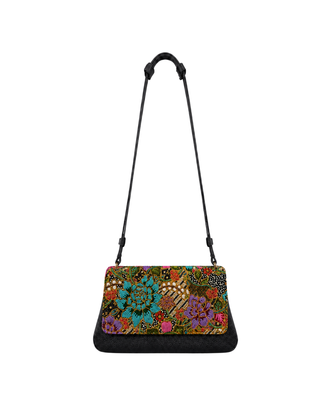 (CBLGB-PFTURPUR-BLK) Turquoise Purple Peony Flower Black Leather Gusset Shoulder & Crossbody Bag