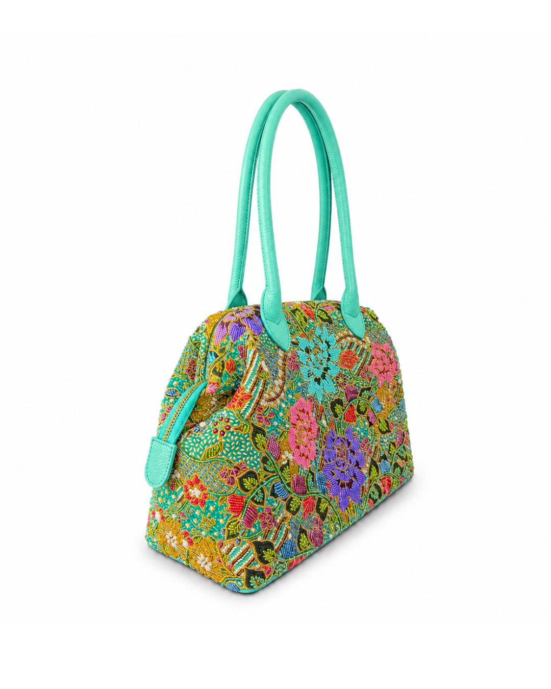 (SHBLDB-TUR-PF) Turquoise Leather Doctor Bag Peony Flower