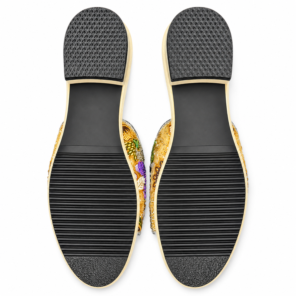 (FBEI-FLOY) Beige Flats - Yellow Beaded Flower