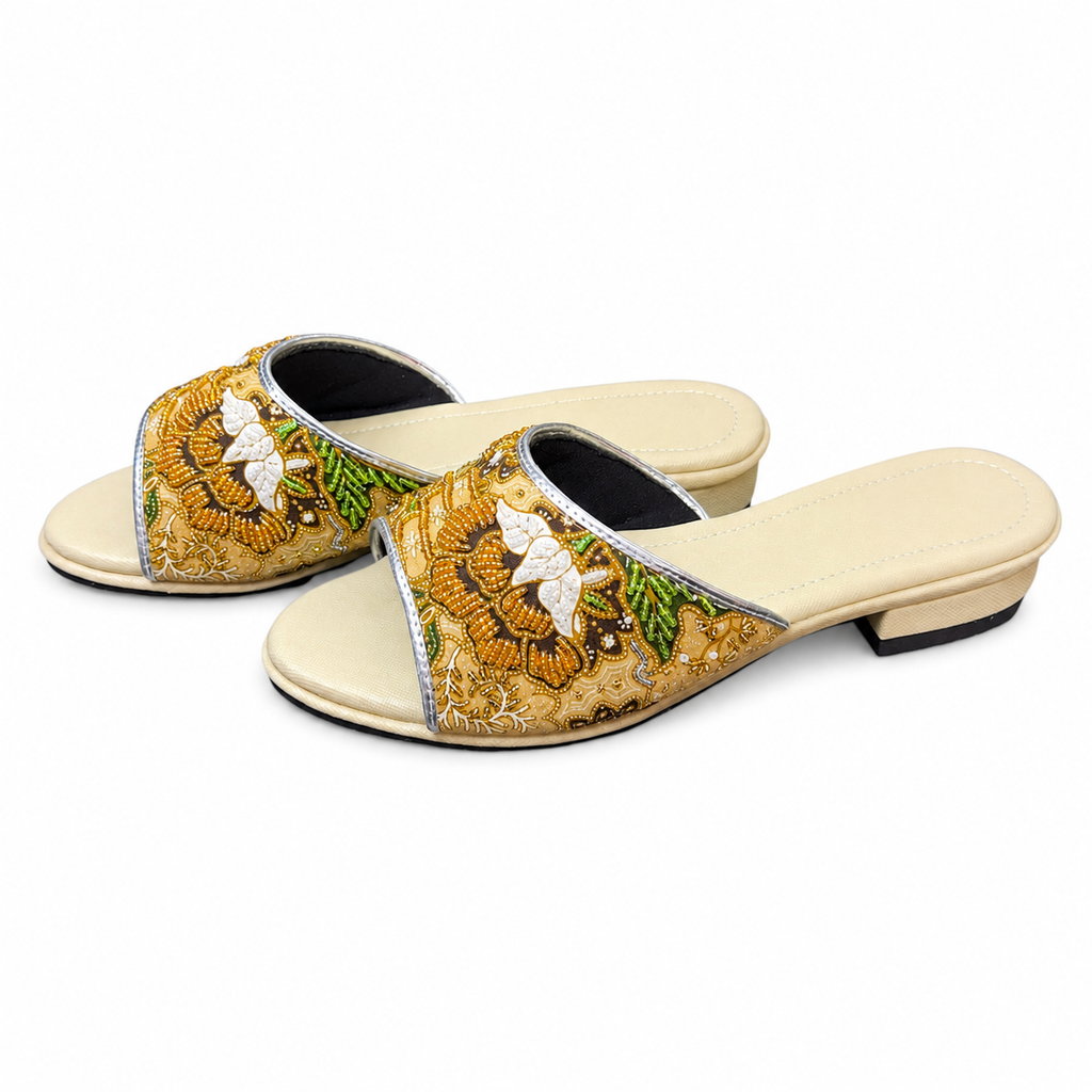 (FBEI-FLOY) Beige Flats - Yellow Beaded Flower