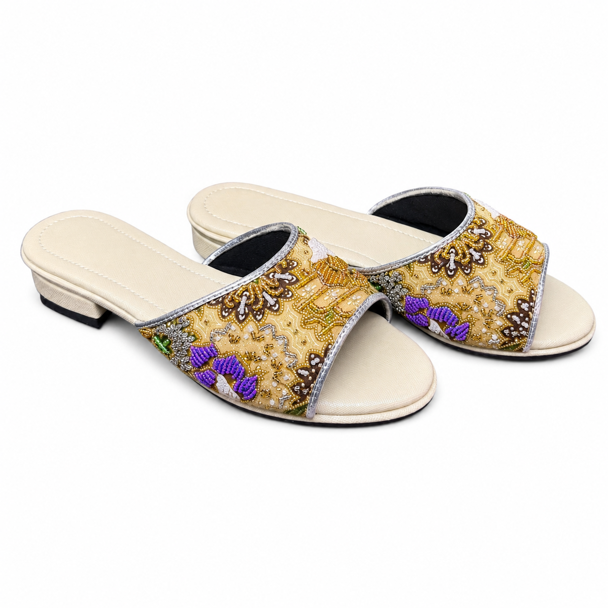 (FBEI-FLOY) Beige Flats - Yellow Beaded Flower
