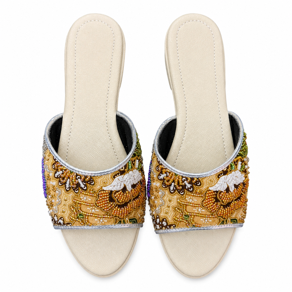 (FBEI-FLOY) Beige Flats - Yellow Beaded Flower