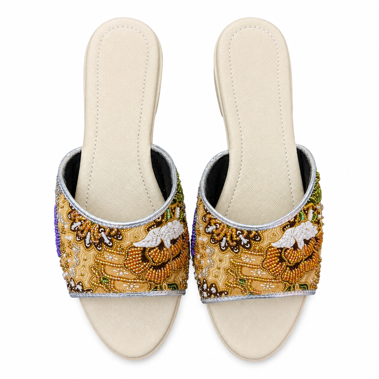 (FBEI-FLOY) Beige Flats - Yellow Beaded Flower