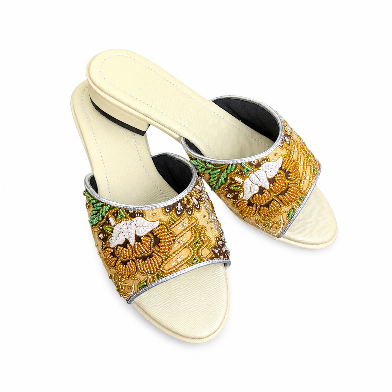 (FBEI-FLOY) Beige Flats - Yellow Beaded Flower