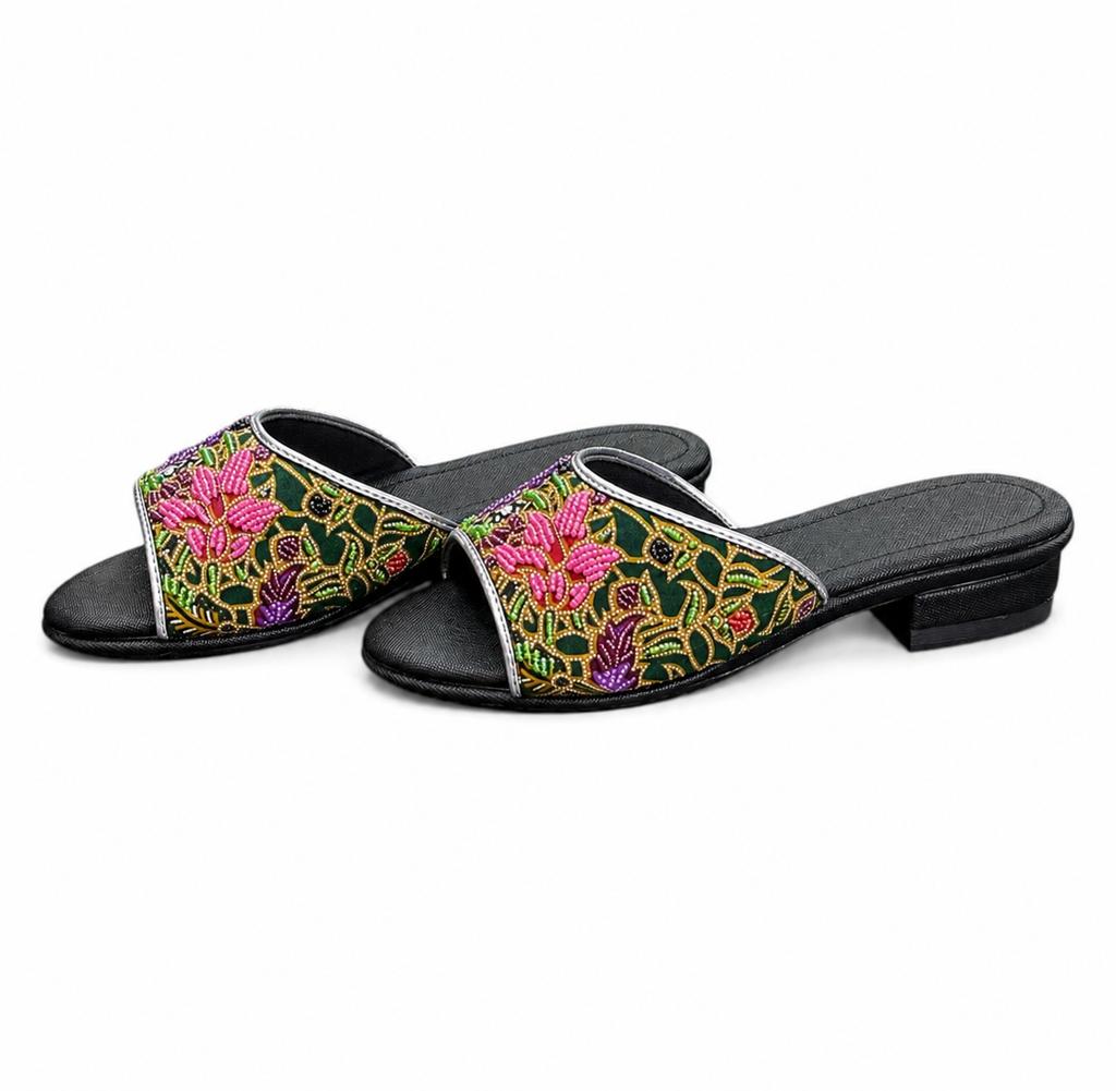 (FBLA-FLOPU) Black Flats - Purple Beaded Flower