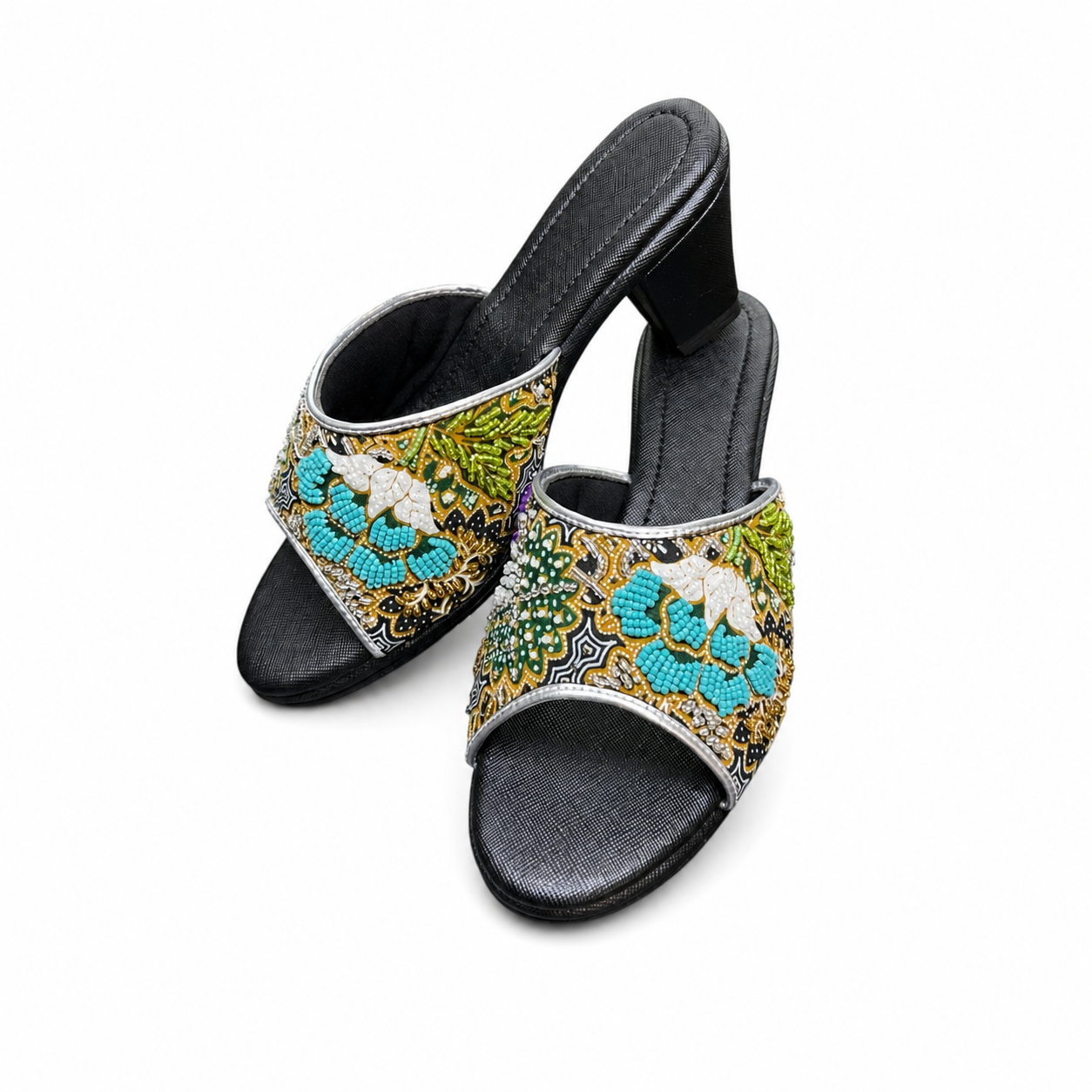 (HBLA-FLOT) Black Heels - Turquoise Beaded Flower