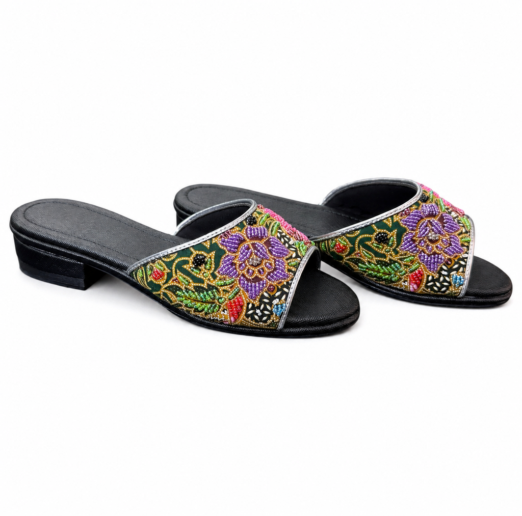 (FBLA-FLOPU) Black Flats - Purple Beaded Flower