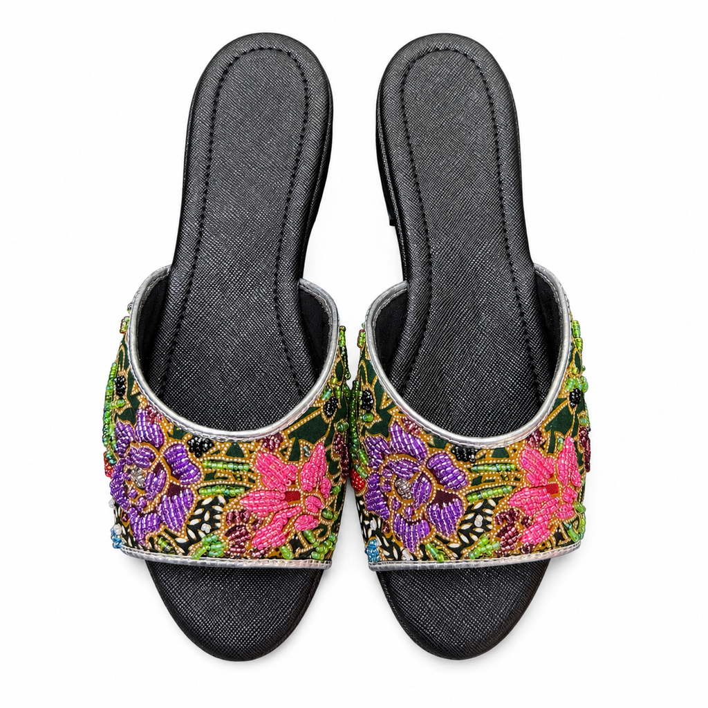 (FBLA-FLOPU) Black Flats - Purple Beaded Flower