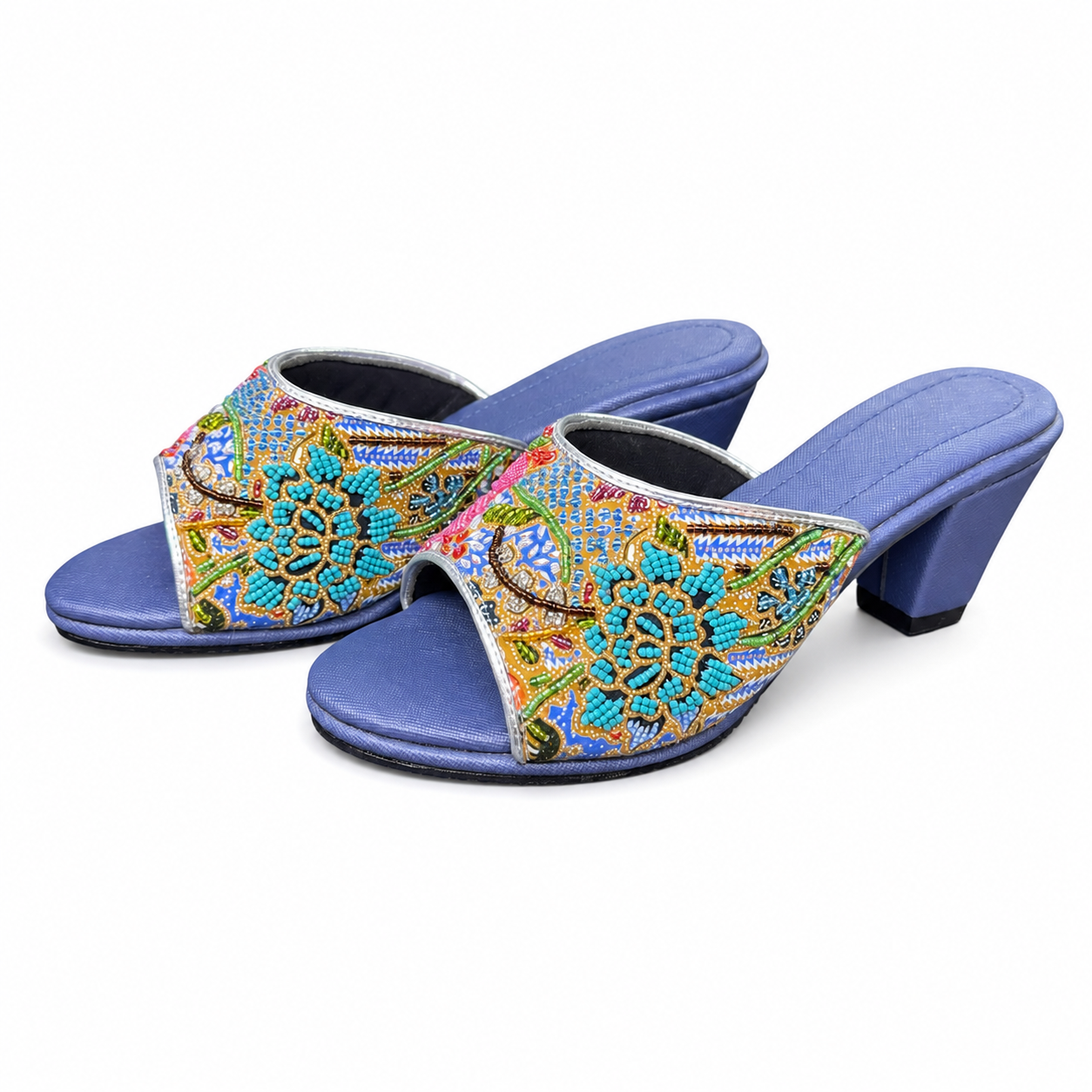 (HBLU-FLOPI) Blue Heels - Pink Beaded Flower