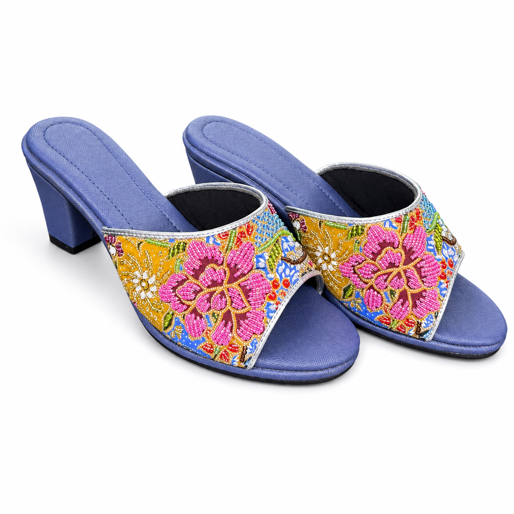 (HBLU-FLOPI) Blue Heels - Pink Beaded Flower