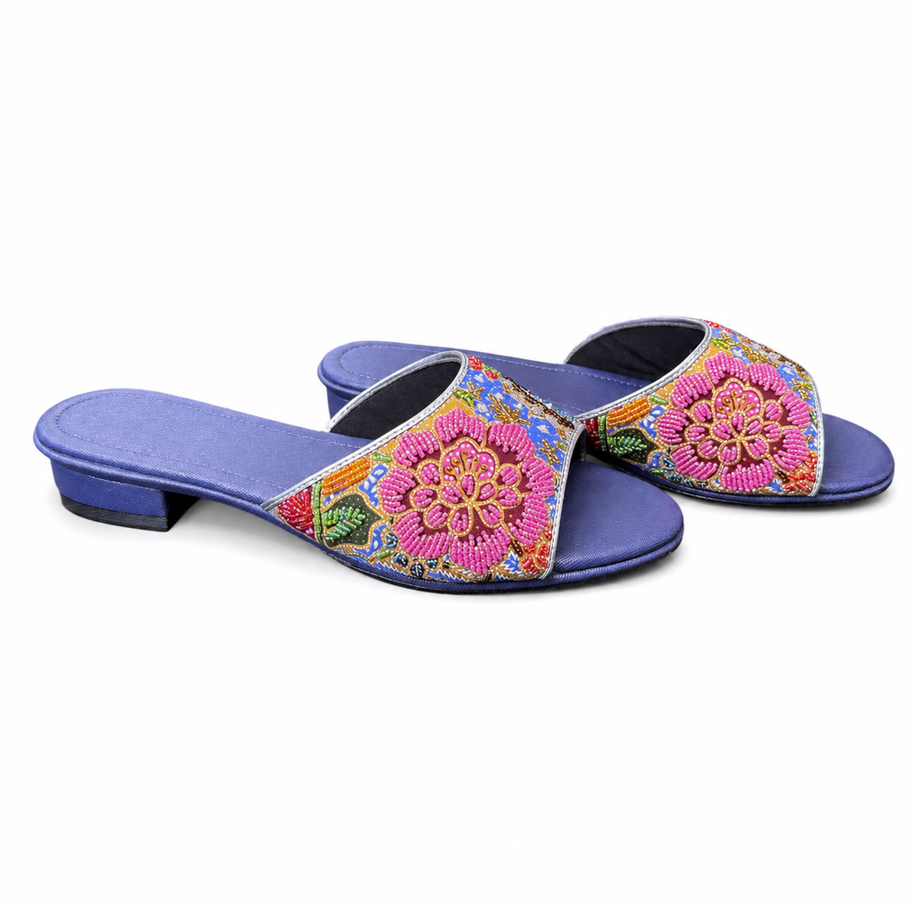 (FBLU-FLOPI) Blue Flats - Pink Beaded Flower