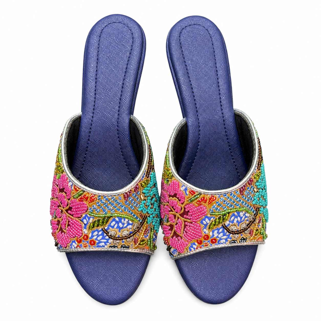 (HBLU-FLOPI) Blue Heels - Pink Beaded Flower