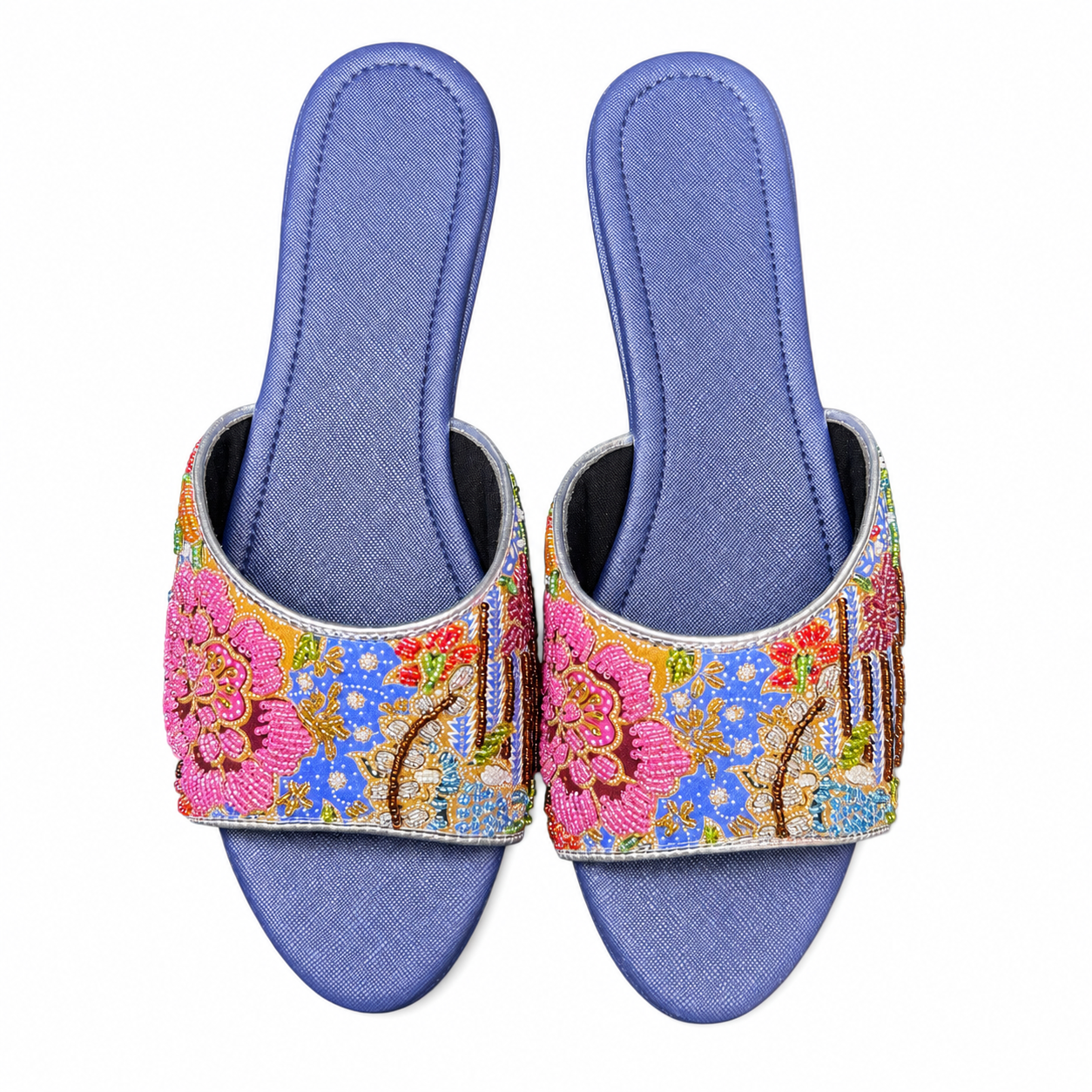 (FBLU-FLOPI) Blue Flats - Pink Beaded Flower