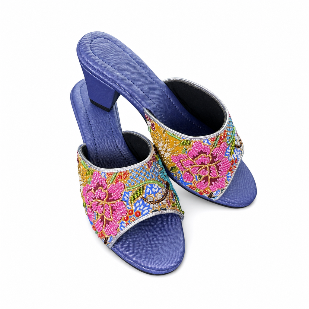(HBLU-FLOPI) Blue Heels - Pink Beaded Flower