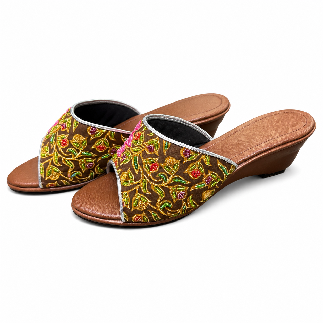 (WBRO-FLOPI) Brown Wedges - Pink Beaded Flower