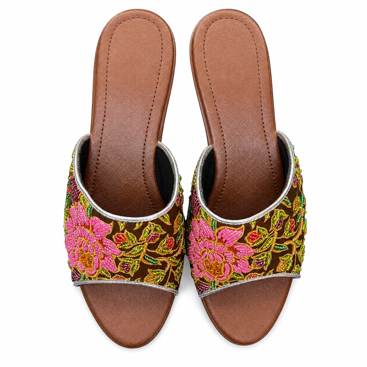 (WBRO-FLOPI) Brown Wedges - Pink Beaded Flower