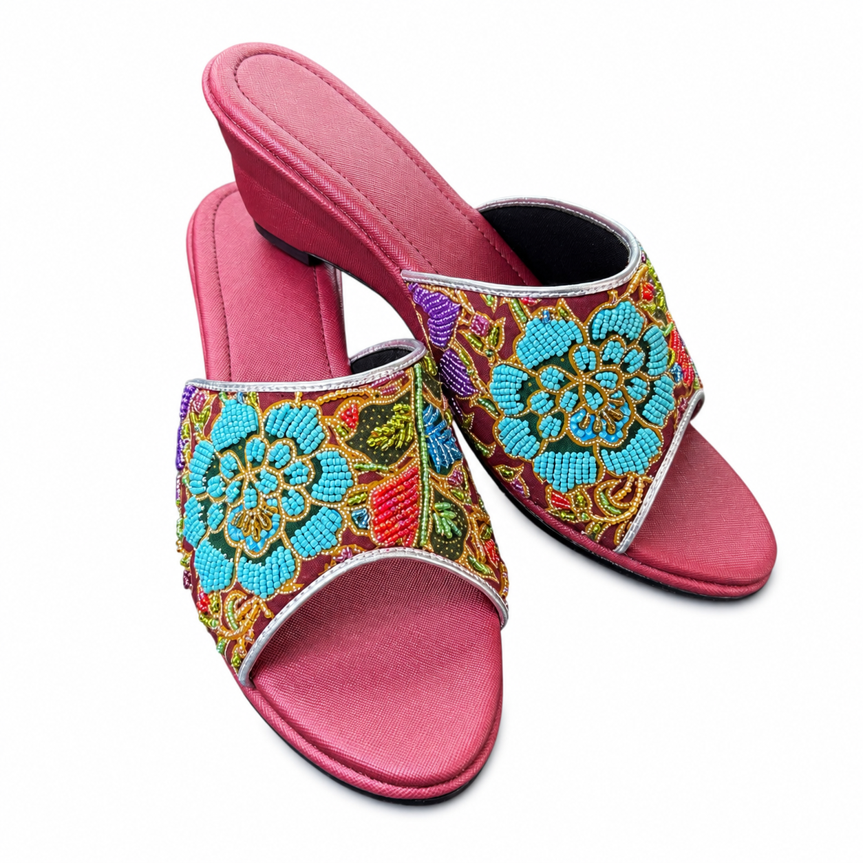(WM-FLOT) Maroon Wedges - Turquoise Beaded Flower