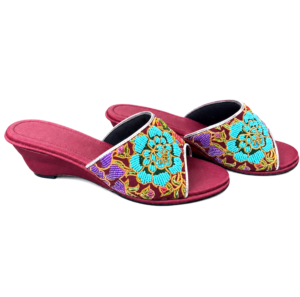 (WM-FLOT) Maroon Wedges - Turquoise Beaded Flower
