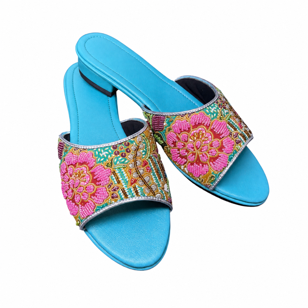 (FT-FLOPI) Turquoise Flats - Pink Beaded Flower