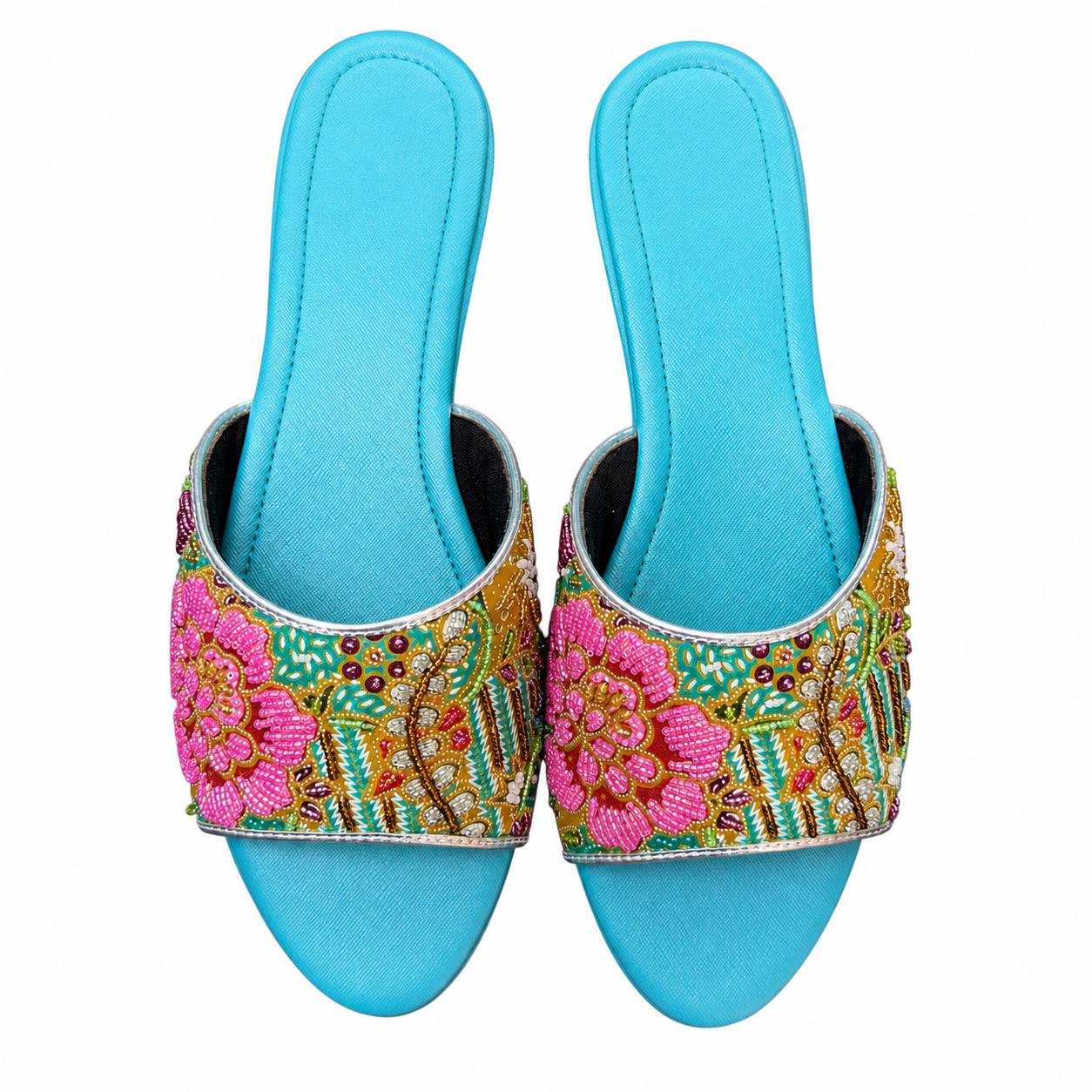 (FT-FLOPI) Turquoise Flats - Pink Beaded Flower