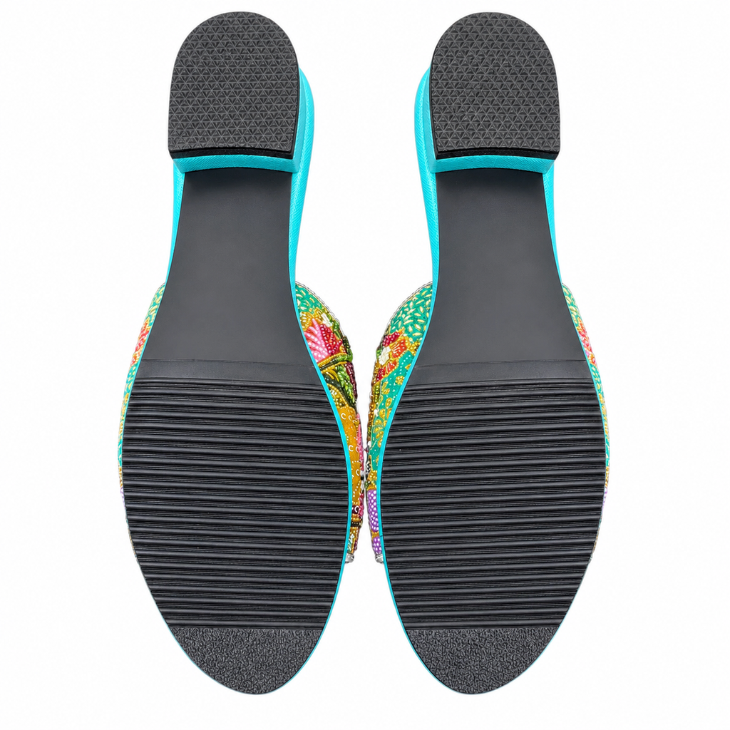 (FT-FLOPI) Turquoise Flats - Pink Beaded Flower