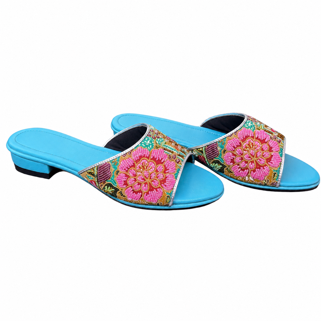 (FT-FLOPI) Turquoise Flats - Pink Beaded Flower
