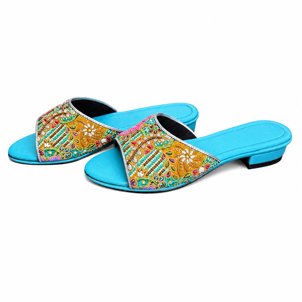 (FT-FLOPI) Turquoise Flats - Pink Beaded Flower