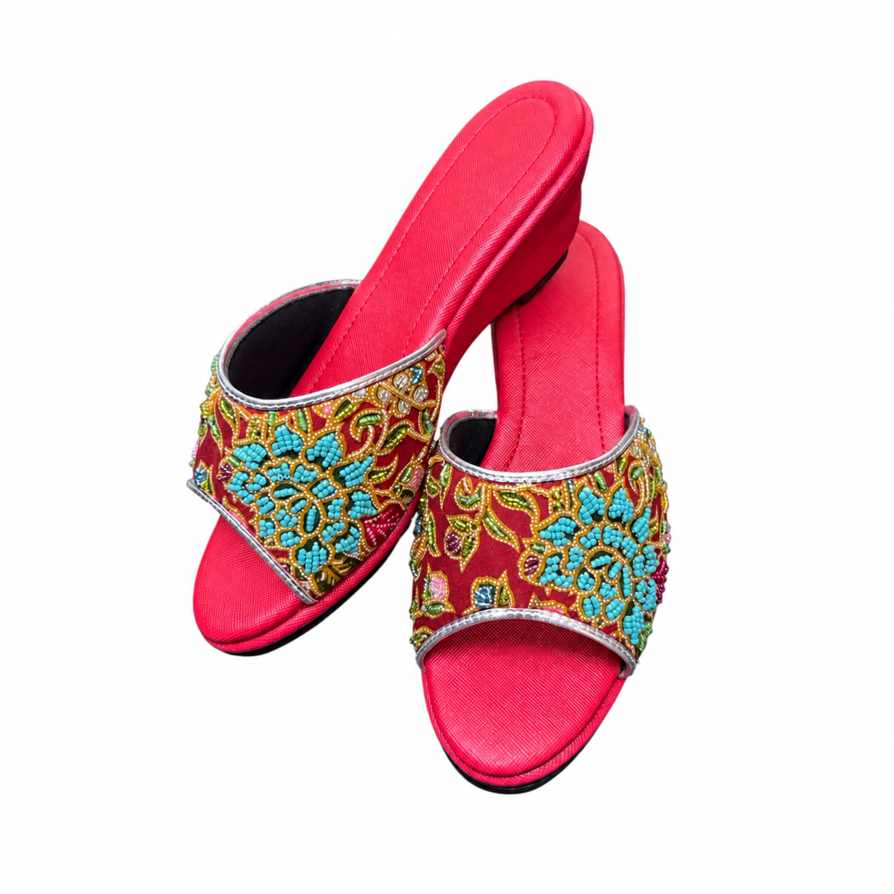 (WR-FLOT) Red Wedges - Turquoise Beaded Flower