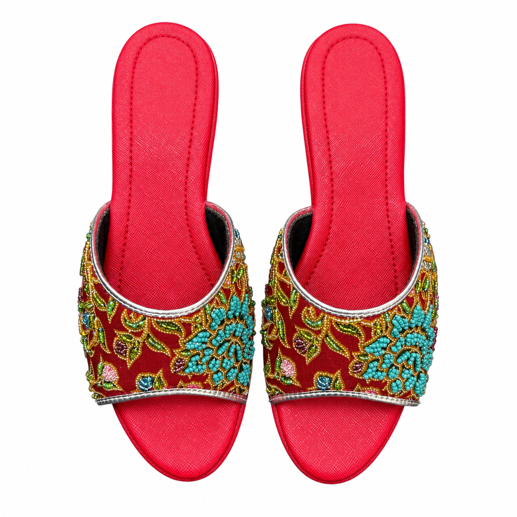 (WR-FLOT) Red Wedges - Turquoise Beaded Flower