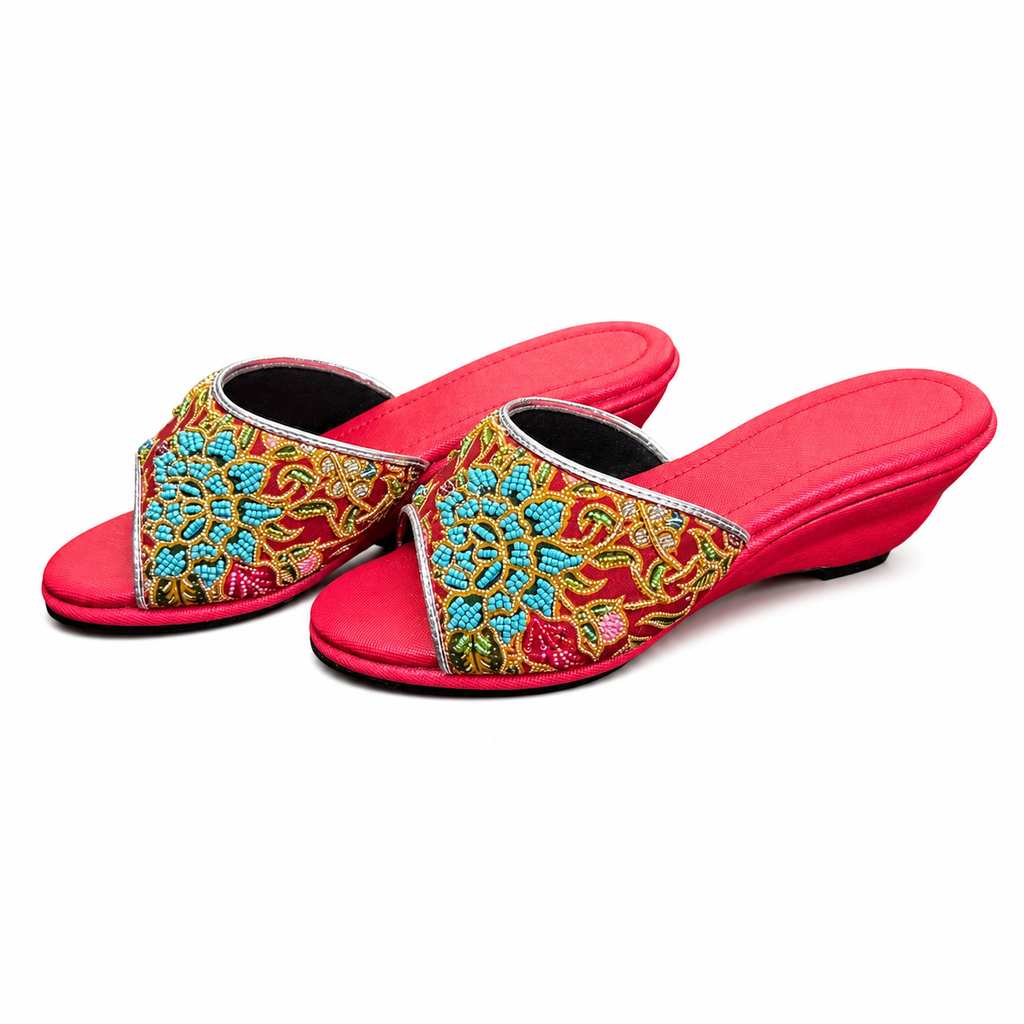 (WR-FLOT) Red Wedges - Turquoise Beaded Flower
