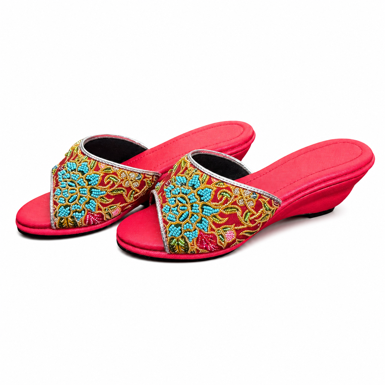 (WR-FLOT) Red Wedges - Turquoise Beaded Flower
