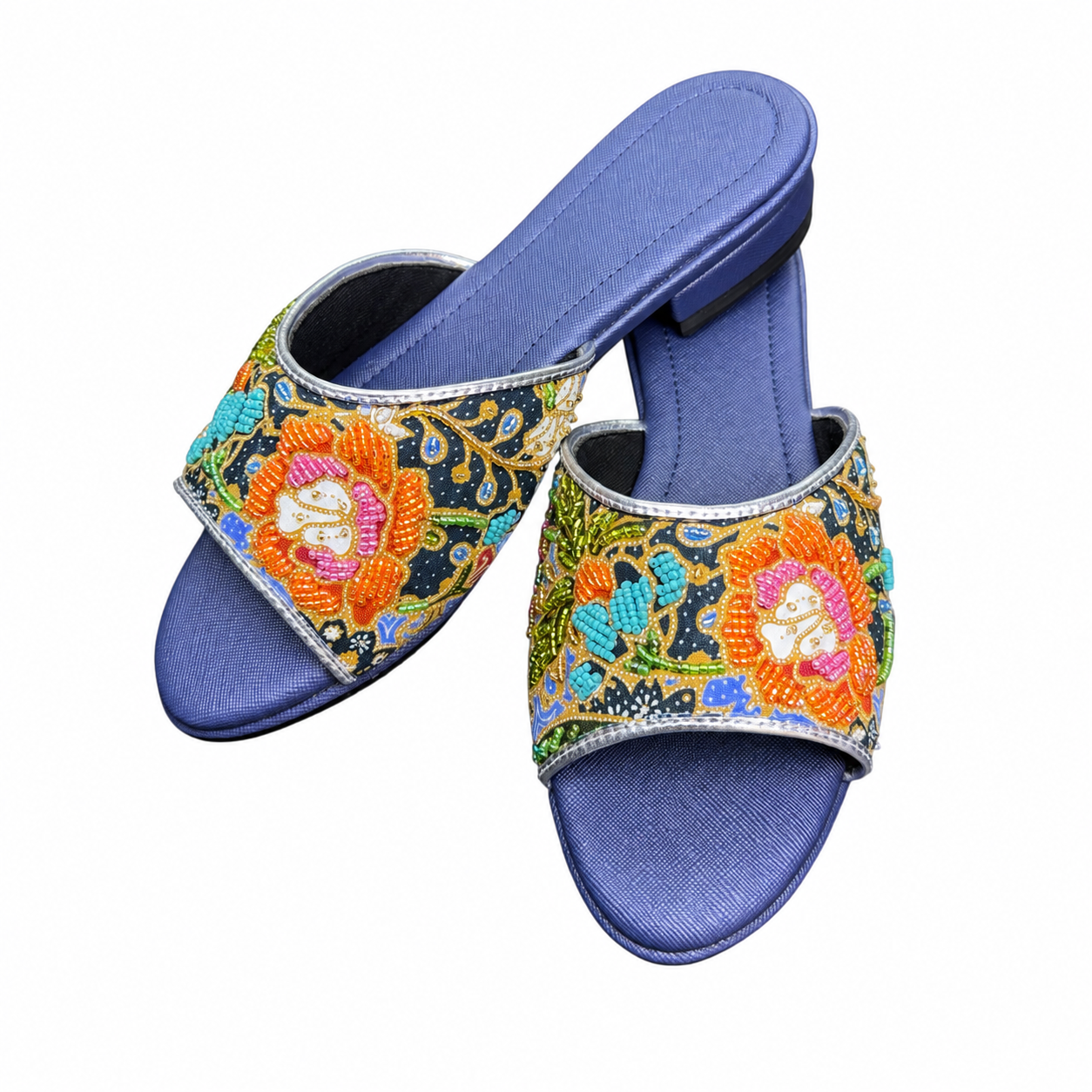 (FBLU-FLOO) Blue Flats - Orange Beaded Flower