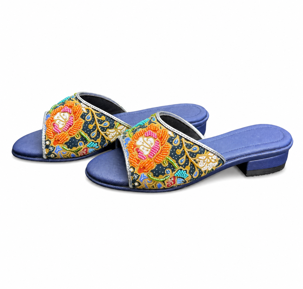 (FBLU-FLOO) Blue Flats - Orange Beaded Flower