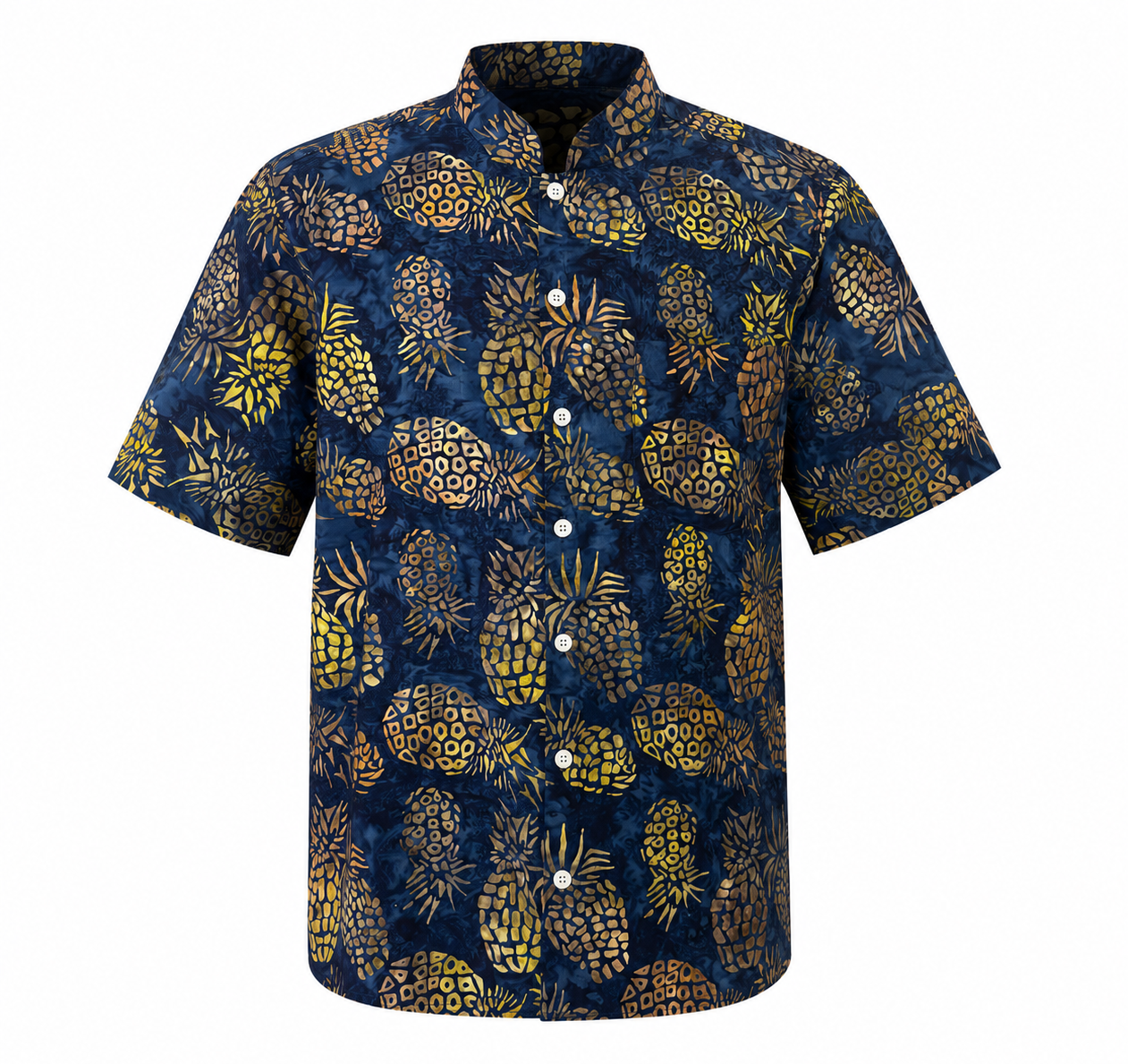(SSMC-PI-BLU) Short Sleeve Mandarin Collar Blue Pineapple Shirt