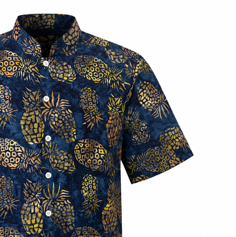 (SSMC-PI-BLU) Short Sleeve Mandarin Collar Blue Pineapple Shirt