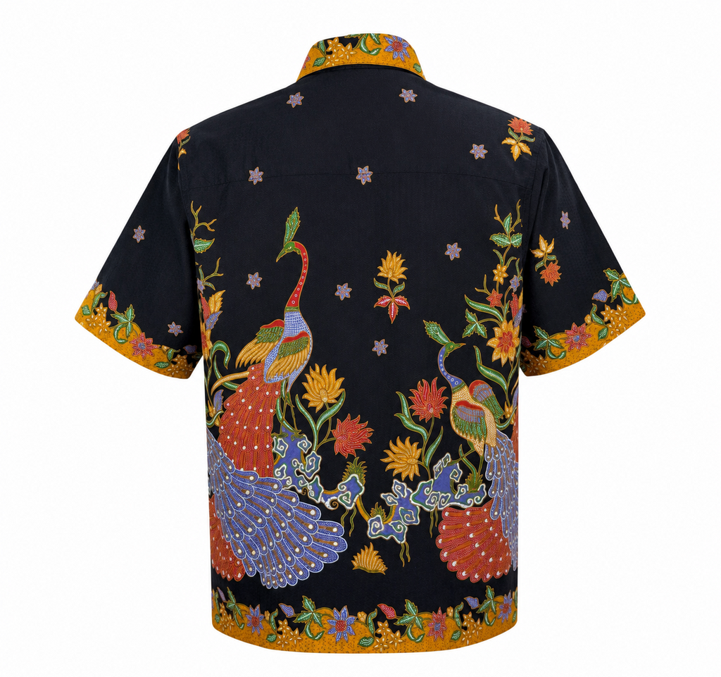 (SSPC-PE-BLKORG) Short Sleeve Pointed Collar Black Orange Peacock Shirt
