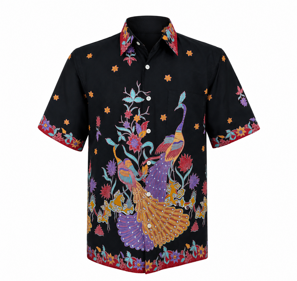 (SSPC-PE-BLKRED) Short Sleeve Pointed Collar Black Red Peacock Shirt