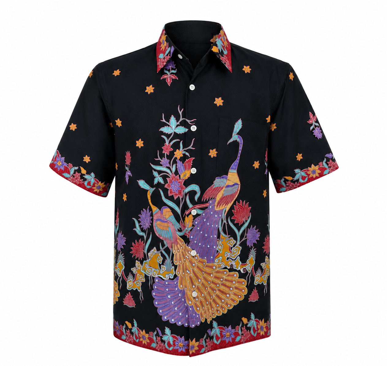 (SSPC-PE-BLKRED) Short Sleeve Pointed Collar Black Red Peacock Shirt