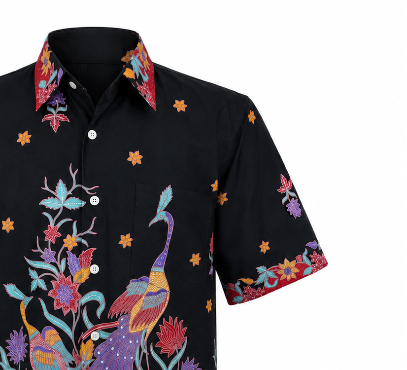 (SSPC-PE-BLKRED) Short Sleeve Pointed Collar Black Red Peacock Shirt